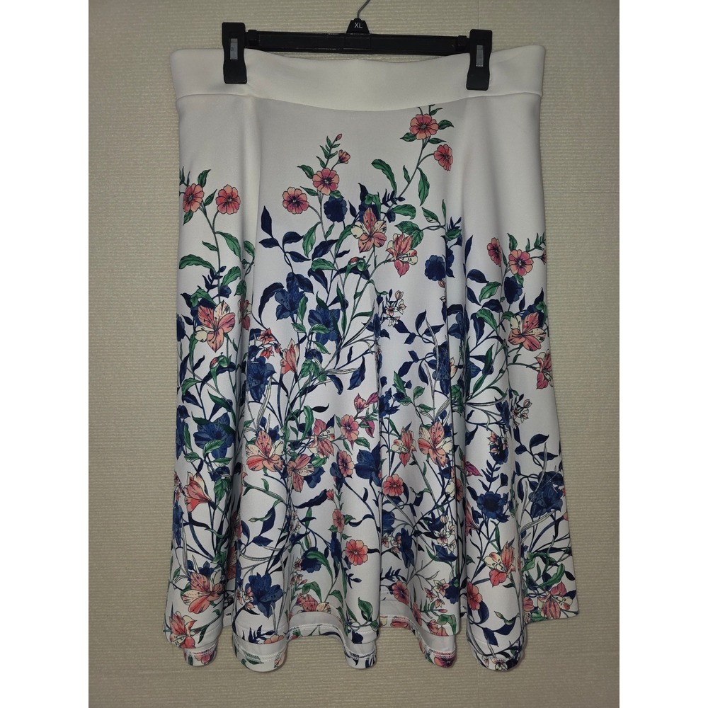 New York & Company Stretch Floral A-Line Midi Skirt White Blue Pink Large